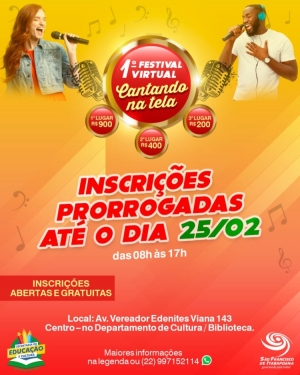 Inscrições prorrogadas para 1º Festival Virtual Cantando na Tela