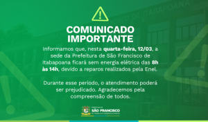 Prefeitura de São Francisco sem energia nesta quarta-feira (12)