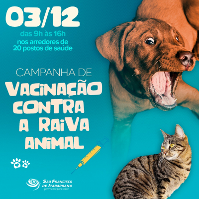 Campanha de vacinação contra a raiva animal no próximo dia 3 de dezembro